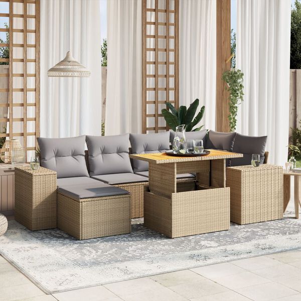 vidaXL Set sof&aacute;s de jard&iacute;n 7 piezas y cojines rat&aacute;n sint&eacute;tico beige