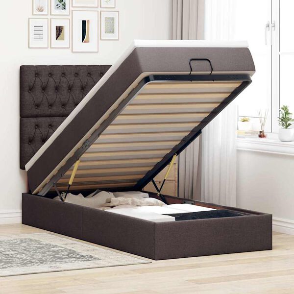 vidaXL Estructura cama otomana colch&oacute;n tela marr&oacute;n oscuro 90x190 cm
