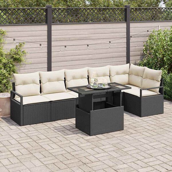 vidaXL Conjunto de sof&aacute; de jard&iacute;n 7 pcs Negro Polirat&aacute;n