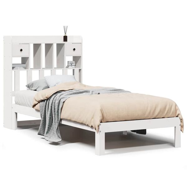 vidaXL Cama con estanter&iacute;a sin colch&oacute;n madera maciza blanca 75x190 cm