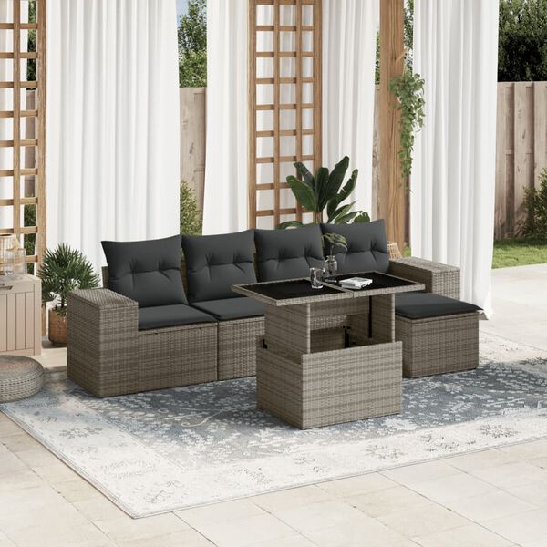 vidaXL Set de muebles de jard&iacute;n 6 pzas y cojines rat&aacute;n sint&eacute;tico gris