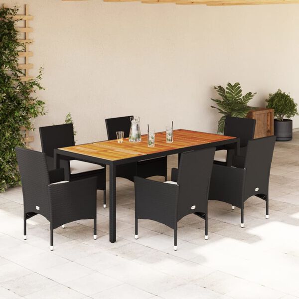 vidaXL Set de comedor jard&iacute;n 7 pzas con cojines rat&aacute;n PE acacia negro