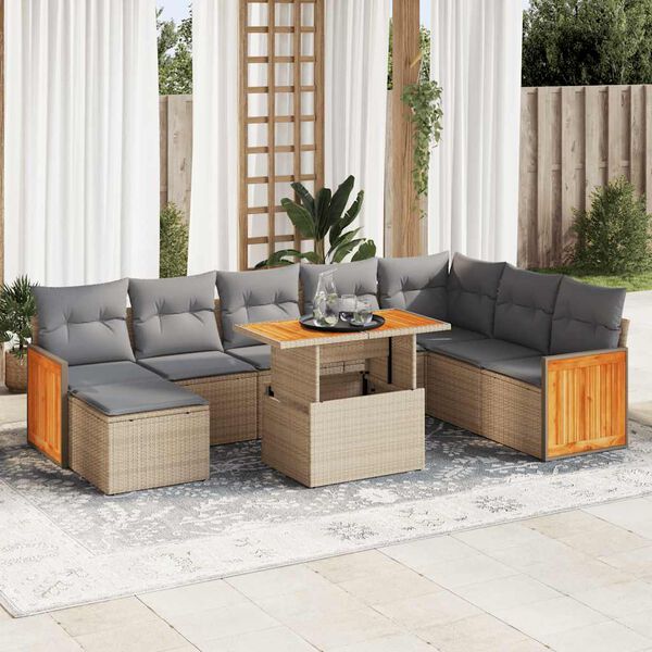 vidaXL Set sof&aacute;s jard&iacute;n y cojines 9 pzas rat&aacute;n sint&eacute;tico acacia beige