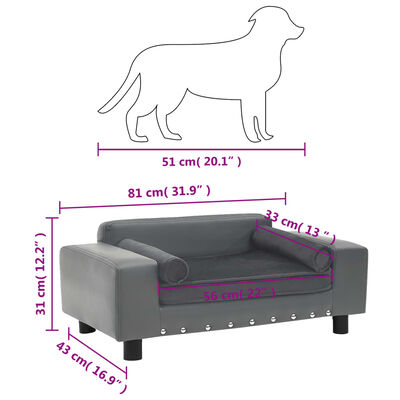 vidaXL Sofá para perros felpa y cuero sintético gris 81x43x31 cm