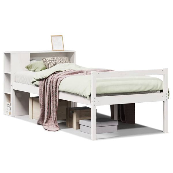 vidaXL Cama con estanter&iacute;a sin colch&oacute;n madera maciza blanca 75x190 cm