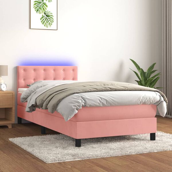 vidaXL Cama box spring colch&oacute;n y LED terciopelo rosa 90x190 cm