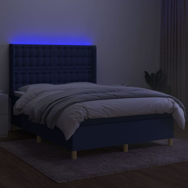 vidaXL Cama box spring colch&oacute;n y luces LED tela azul 140x190 cm