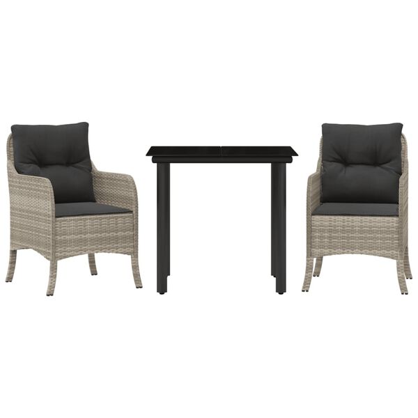 vidaXL Set comedor de jard&iacute;n 3 pzas cojines rat&aacute;n sint&eacute;tico gris claro