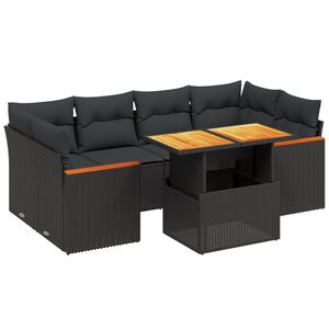 vidaXL Set de comedor de jard&iacute;n 7 pzas y cojines rat&aacute;n sint&eacute;tico negro