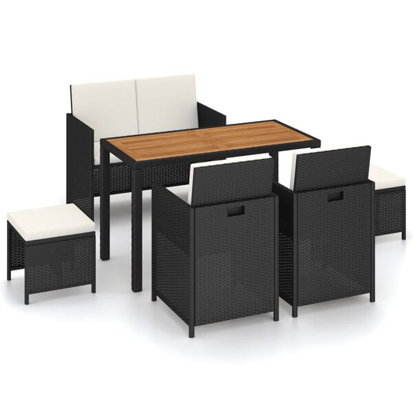 vidaXL Set comedor jard&iacute;n 6 pzas rat&aacute;n sint&eacute;tico y madera acacia negro