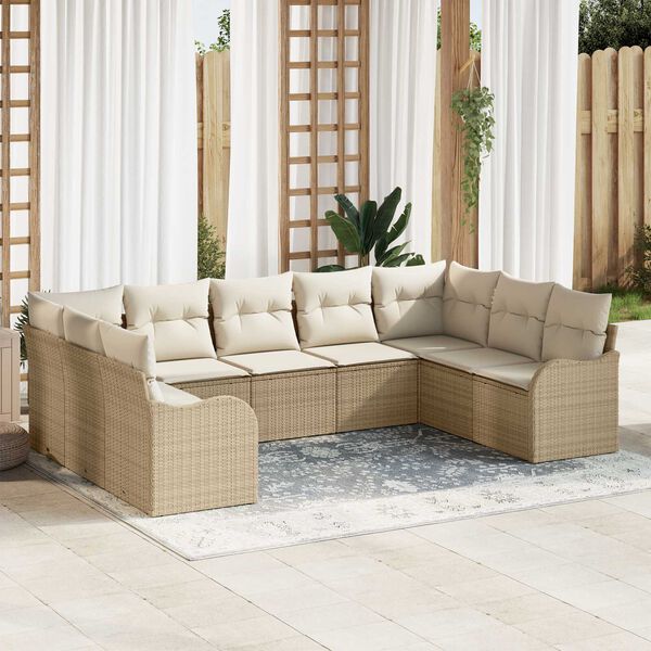 vidaXL Conjunto de sof&aacute; de jard&iacute;n 9 pcs Beige y rat&aacute;n sint&eacute;tico