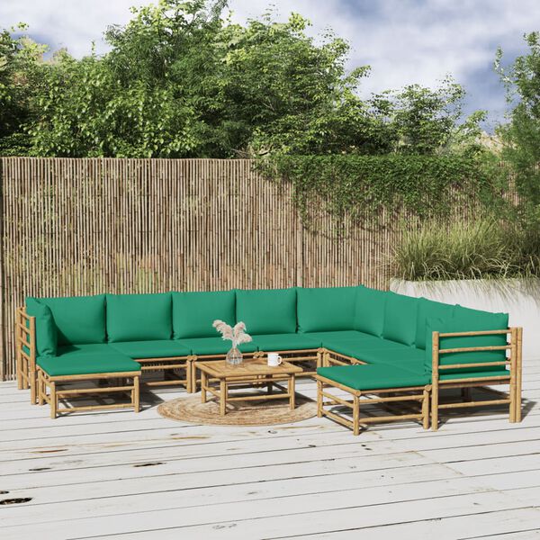 vidaXL Set de muebles de jardín 11 piezas bambú con cojines verde