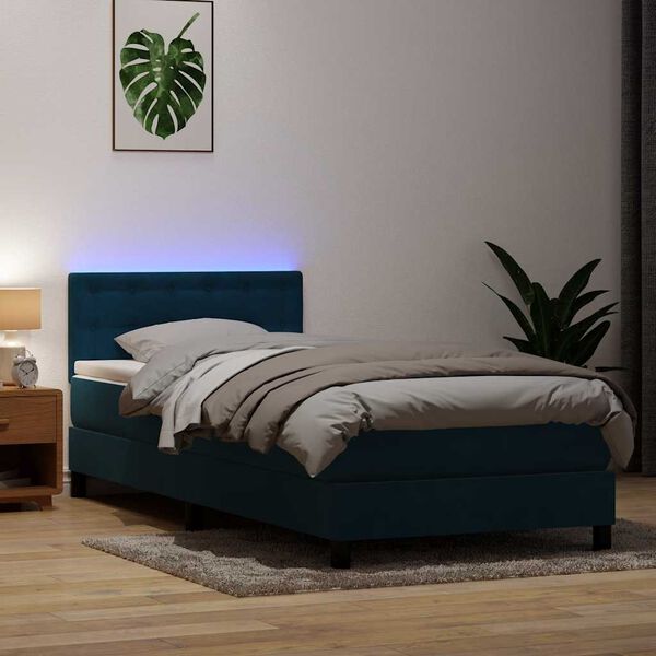 vidaXL Cama box spring con colch&oacute;n y LED terciopelo azul oscuro 80x210 cm