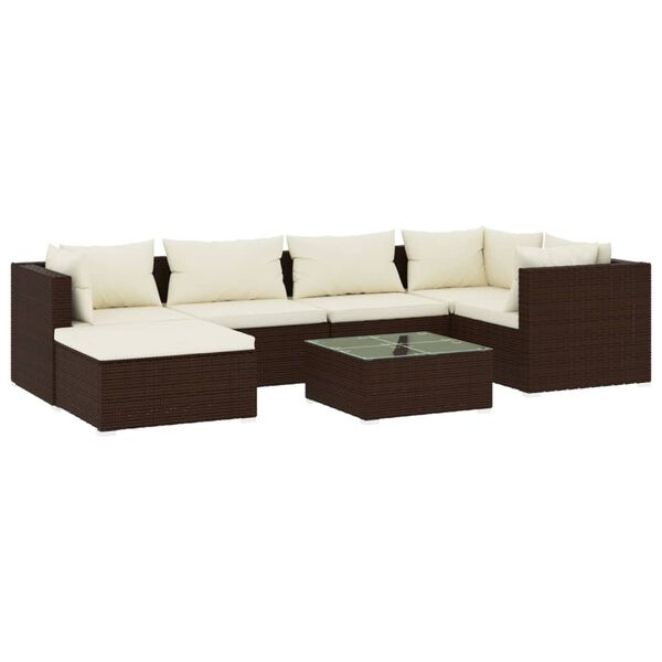 vidaXL Set muebles de jard&iacute;n 7 piezas y cojines rat&aacute;n sint&eacute;tico marr&oacute;n