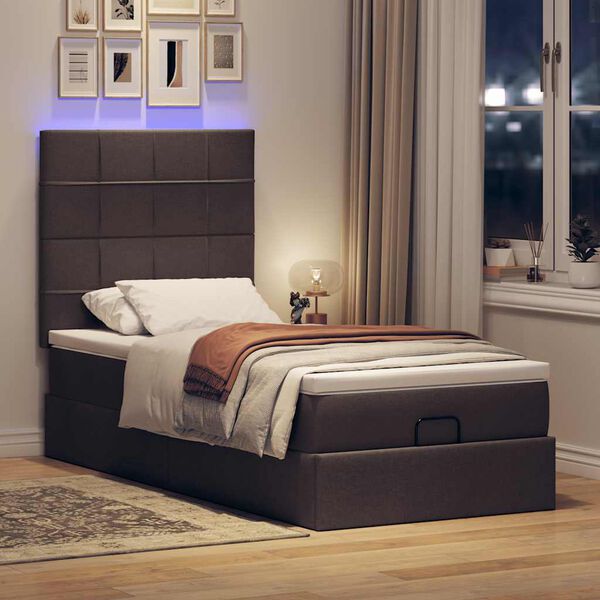 vidaXL Cama otomana con colch&oacute;n y LED tela marr&oacute;n oscuro 90x200 cm