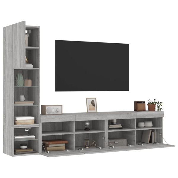 vidaXL Muebles TV pared con LED 4 pzas madera ingenier&iacute;a gris Sonoma