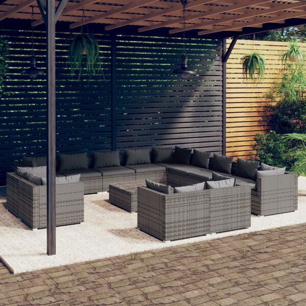 vidaXL Set de muebles de jard&iacute;n 14 pzas y cojines rat&aacute;n sint&eacute;tico gris