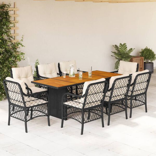 vidaXL Set de comedor de jard&iacute;n 9 pzas y cojines rat&aacute;n sint&eacute;tico negro
