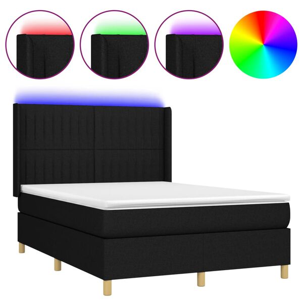 vidaXL Cama box spring colch&oacute;n y luces LED tela negro 140x190 cm