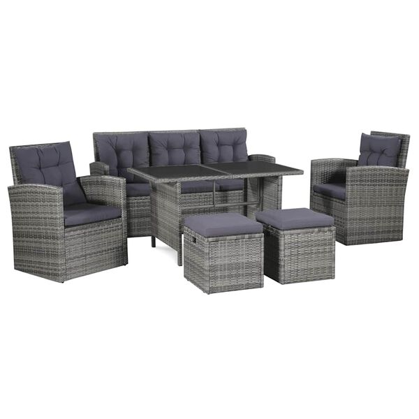vidaXL Set de muebles de jard&iacute;n 6 pzas y cojines rat&aacute;n sint&eacute;tico gris