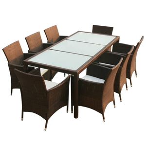 vidaXL Set comedor de jard&iacute;n 9 piezas y cojines rat&aacute;n sint&eacute;tico marr&oacute;n