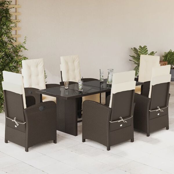 vidaXL Set comedor de jard&iacute;n 7 pzas con cojines rat&aacute;n sint&eacute;tico marr&oacute;n