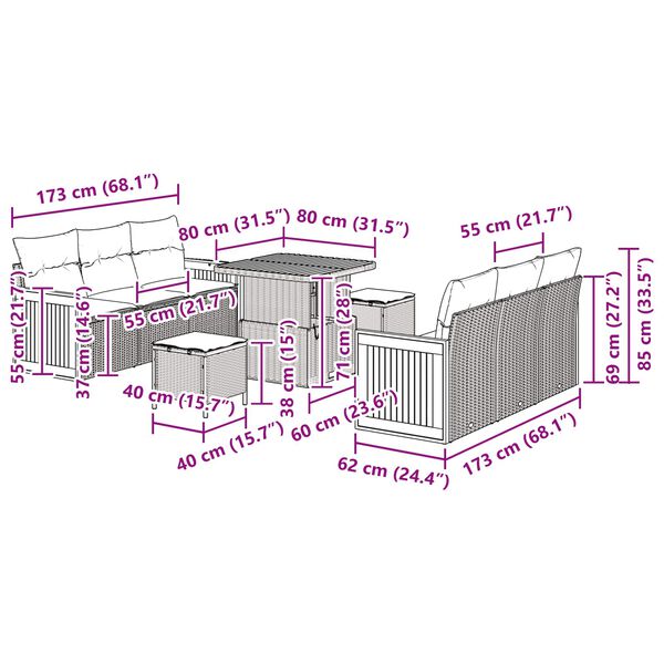 vidaXL Conjunto de sof&aacute;s de jard&iacute;n 11 pcs Negro rat&aacute;n sint&eacute;tico