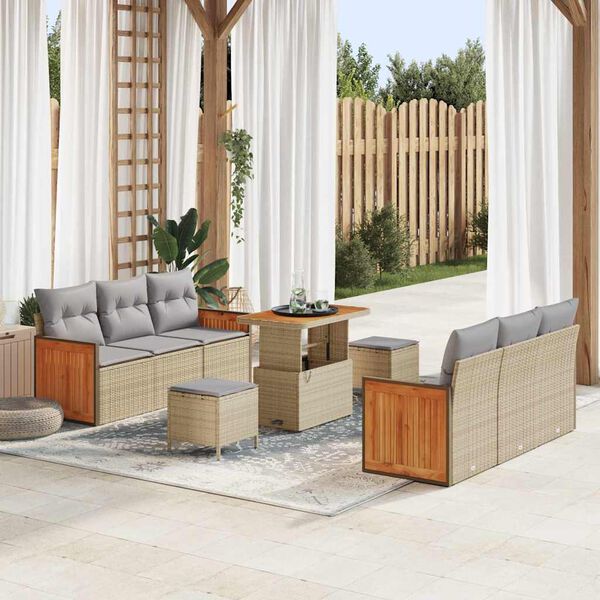 vidaXL Conjunto de sof&aacute;s de jard&iacute;n con coj&iacute;n 9 pcs Beige y Gris Claro