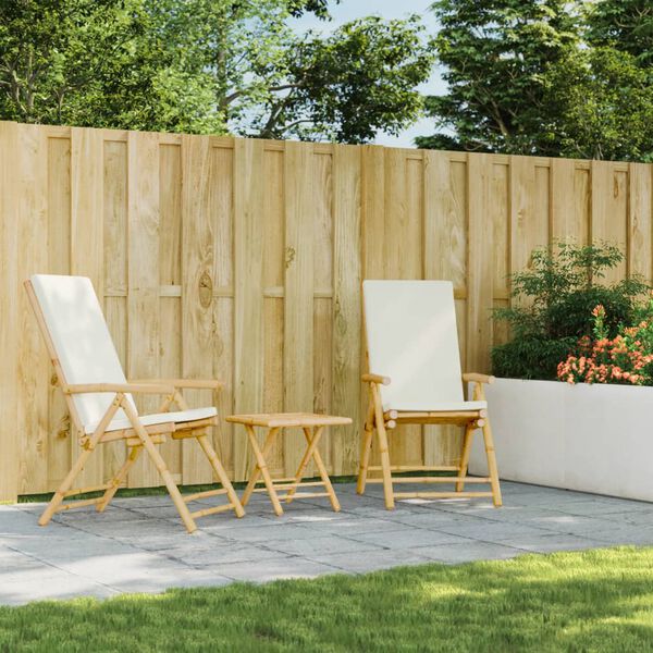 vidaXL Juego bistró plegable con cojines 3 pzas bambú blanco crema