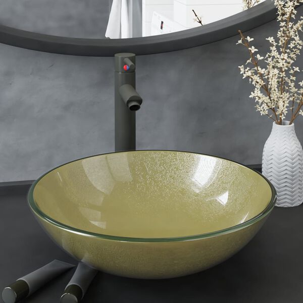 vidaXL Lavabo de ba&ntilde;o grifo&desag&uuml;e de empuje vidrio templado dorado