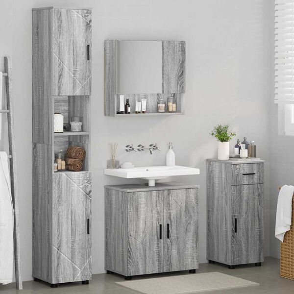 vidaXL Juego de muebles de ba&ntilde;o con caj&oacute;n con puerta 4 pcs Gris Sonoma