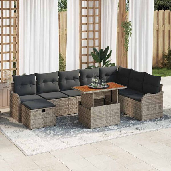 vidaXL Conjunto de sof&aacute; de jard&iacute;n 9 pcs Gris rat&aacute;n sint&eacute;tico