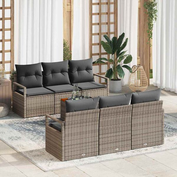 vidaXL Conjunto de sof&aacute;s de jard&iacute;n 7 pcs Gris rat&aacute;n sint&eacute;tico