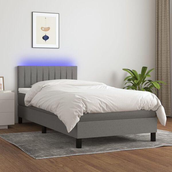 vidaXL Cama box spring colch&oacute;n y luces LED tela gris oscuro 90x200 cm