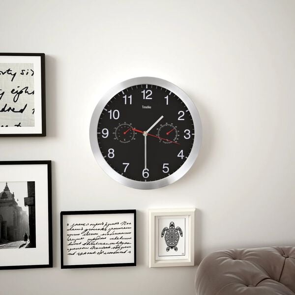 vidaXL Reloj de pared de cuarzo higr&oacute;metro y term&oacute;metro 30 cm negro