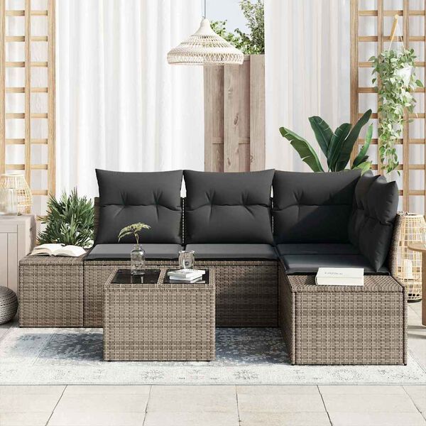 vidaXL Conjunto de sof&aacute; de jard&iacute;n 5 pcs Gris rat&aacute;n sint&eacute;tico
