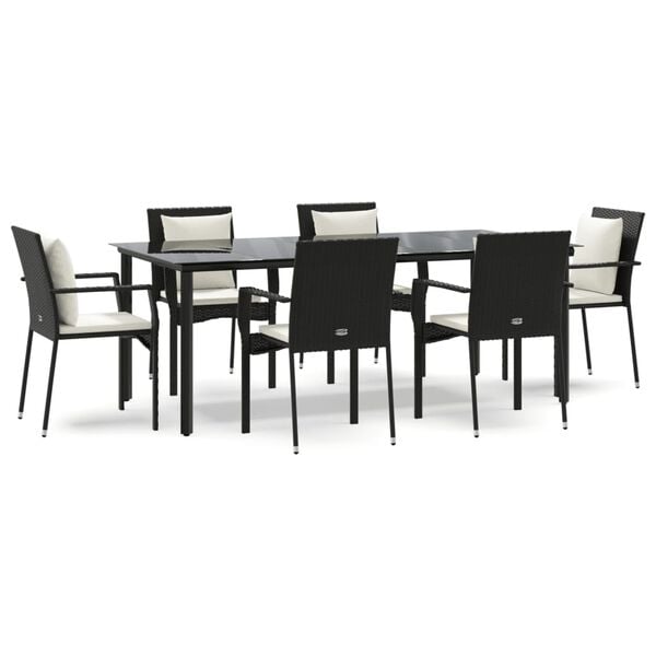 vidaXL Set de comedor de jard&iacute;n 7 pzas y cojines rat&aacute;n sint&eacute;tico negro