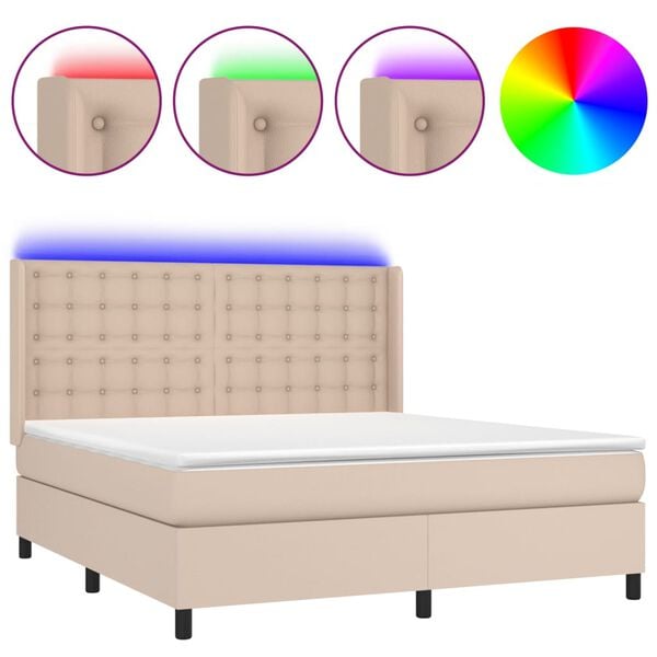 vidaXL Cama box spring colch&oacute;n LED cuero sint&eacute;tico capuchino 160x200cm