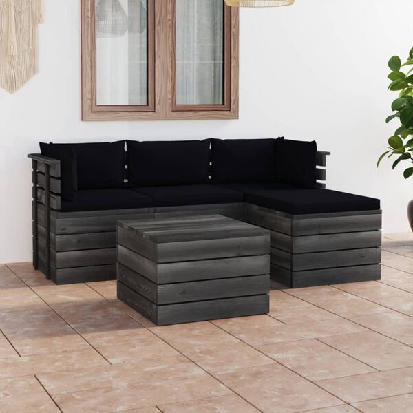 vidaXL Muebles de pal&eacute;s de jard&iacute;n 5 piezas cojines madera maciza pino