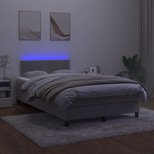 vidaXL Cama box spring colch&oacute;n y LED terciopelo gris claro 120x200 cm