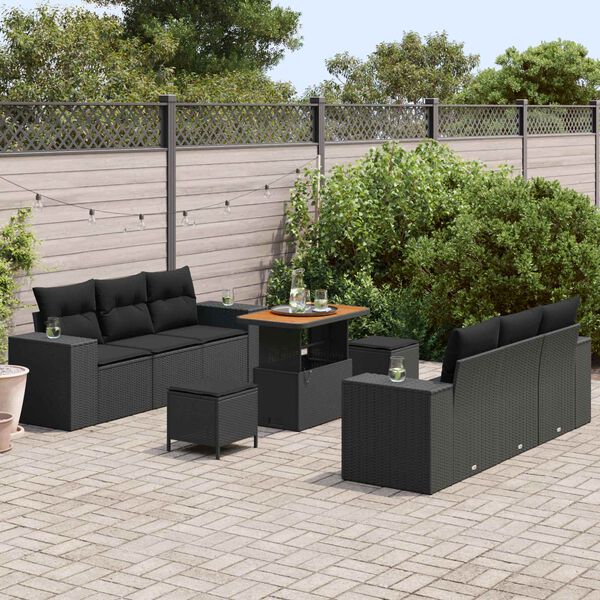 vidaXL Conjunto de sof&aacute; de jard&iacute;n con coj&iacute;n 9 pcs Negro Polirat&aacute;n