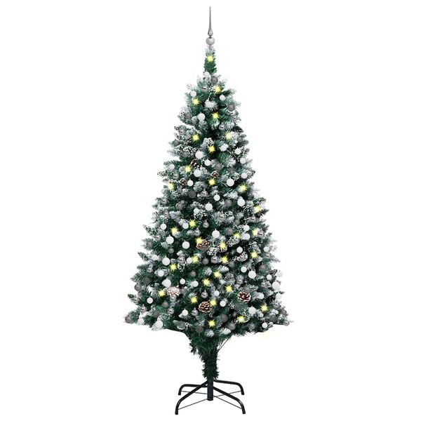 vidaXL Árbol de Navidad helado con luces, bolas y piñas 210 cm