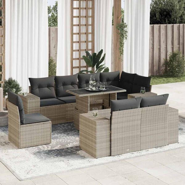 vidaXL Set muebles jard&iacute;n 9 pzas y cojines rat&aacute;n sint&eacute;tico gris claro