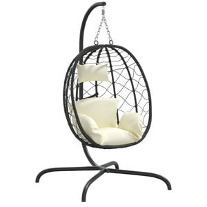 vidaXL Sill&oacute;n colgante con forma de huevo y coj&iacute;n de rat&aacute;n sint&eacute;tico y acero color blanco crema