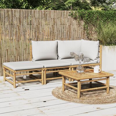 vidaXL Set de muebles de jardín 3 piezas bambú y cojines gris claro