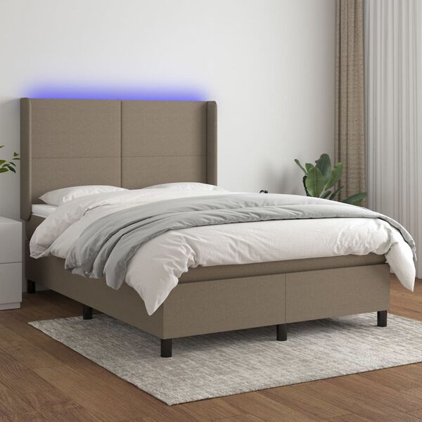 vidaXL Cama box spring colch&oacute;n y luces LED tela gris taupe 140x190 cm