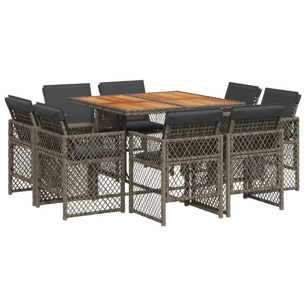 vidaXL Set comedor jard&iacute;n 9 pzas y cojines rat&aacute;n sint&eacute;tico gris
