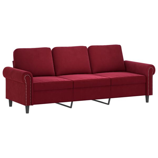 vidaXL Sof&aacute; 3 plazas almohadas y cojines terciopelo rojo tinto 180 cm