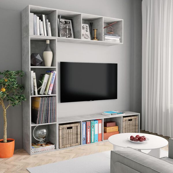 vidaXL Mueble de TV y librer&iacute;a 3 piezas gris hormig&oacute;n 180x30x180 cm