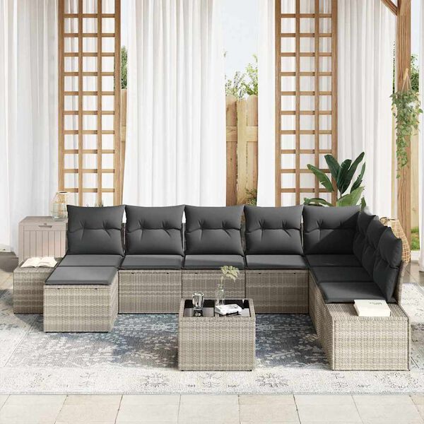 vidaXL Conjunto de sof&aacute; de jard&iacute;n 9 pcs Gris Claro rat&aacute;n sint&eacute;tico